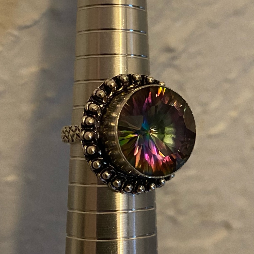** 𝒮𝒪ℒ𝒟 ** Kaleidoscope Topaz Crystal Stone LG Faceted silver ring 6.25, 6 1/2